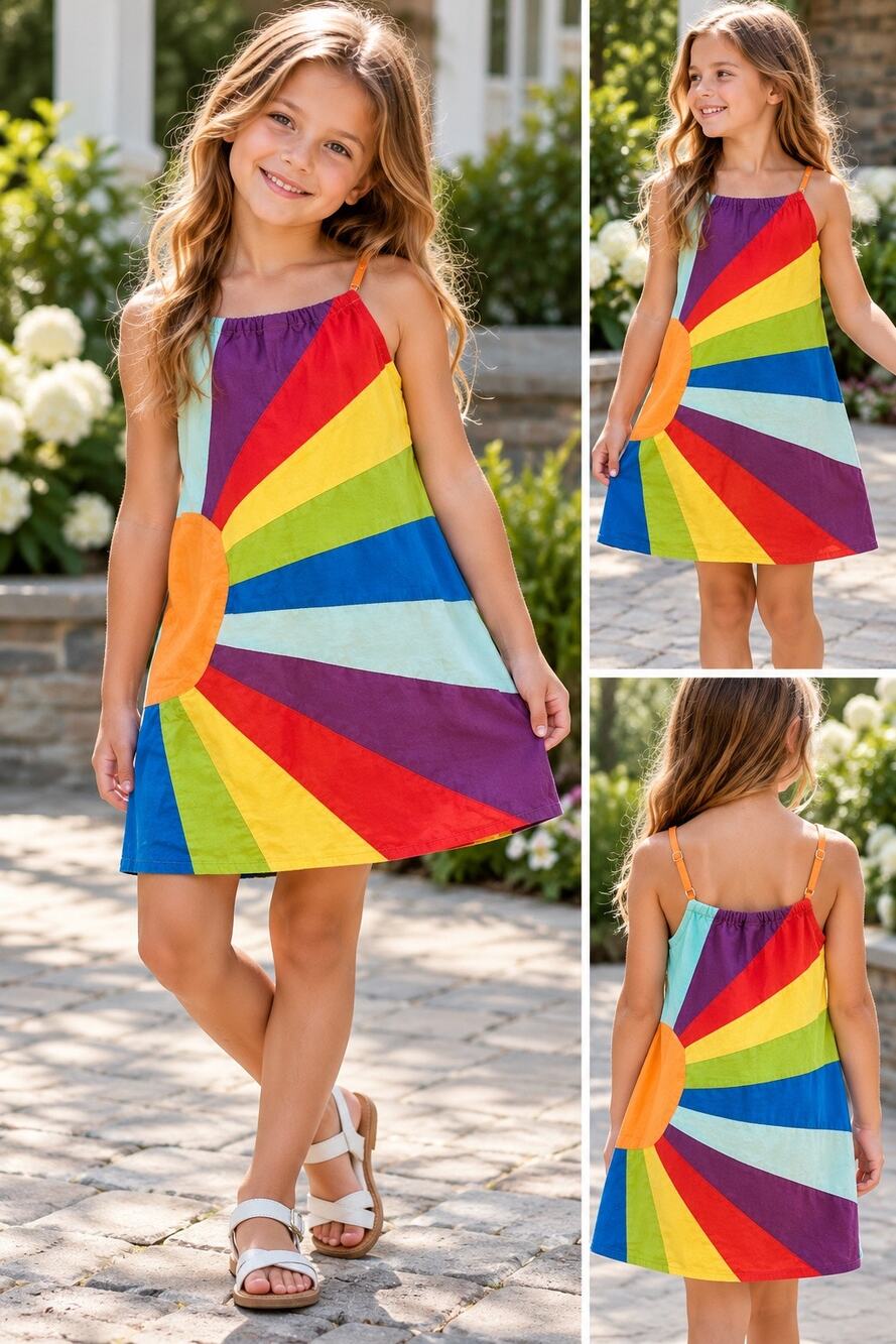Gap Kids Girls Size 7-8 Rainbow Colorblock Patchwork Sundress Adjustable Straps